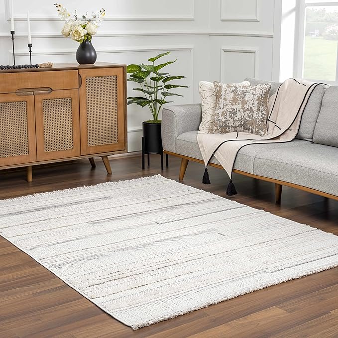 Hauteloom Dishman Living Room, Bedroom Area Rug - Farmhouse - Cream, Light Gray - 18" x 18" Sample