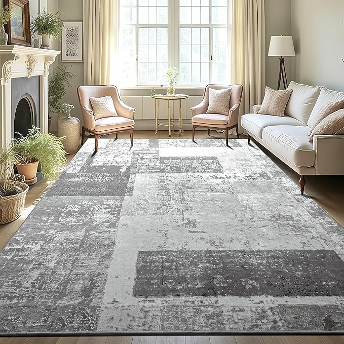 LOCHAS Rug for Living Room 6x9, Washable Soft Area Rugs for Bedroom, Abstract Carpet for Indoor Office Kids Dining Room Nursery Floor, Grey Geometric Vintage Home Decor, Non Slip, Pet Child Friendly