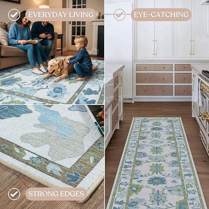 Fame Living Green Oushak Rug, Modern Small Rugs, Vintage, Turkish, Eclectic, Floral, Pastel, Washable, Door Mat, Doormat for Indoor Entrance, Entryway, Kitchen, Bathroom, Bedroom, Laundry, 2'x3'