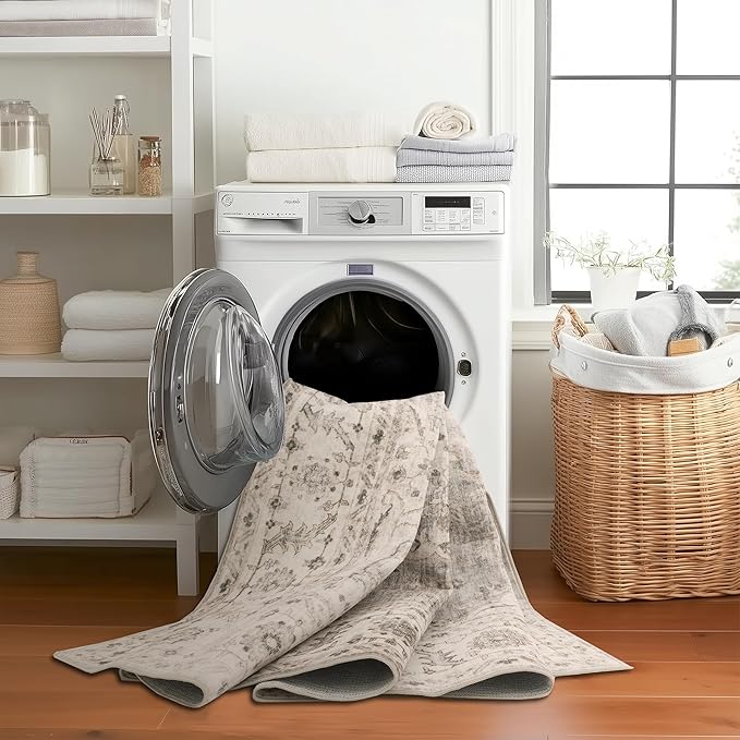 ReaLife Rugs Machine Washable Area Rug - Living Room Bedroom Bathroom Kitchen Entryway Office - Padded Low Pile Stain Resistant Premium - Boho Farmhouse Vintage - Joy - Beige Ivory 4' Round