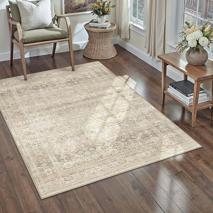 HUGEAR 3x5 Area Rug Beige Vintage Neutral Washable Bathroom Rug Soft Non Slip Distressed Carpet Low Pile Pet Friendly for Kitchen Bedside Entryway Hallway Porch Dining Room