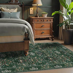 3x5 Floral Washable Area Rugs for Living Room, Vintage Boho Rug for Bedroom Dining Room， Distressed Botanical Birds Non Slip Low Pile Forest Animal Throw Carpet for Farmhouse Office, Bright Green