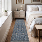 Washable Runner Rug 2x6: Vintage Boho Floral Carpet Runners for Hallway Entryway Non-Slip - Soft Botanical Low Pile Thin Mat for Kitchen Bathroom Bedroom Laundry Floor Decor - Slate Blue