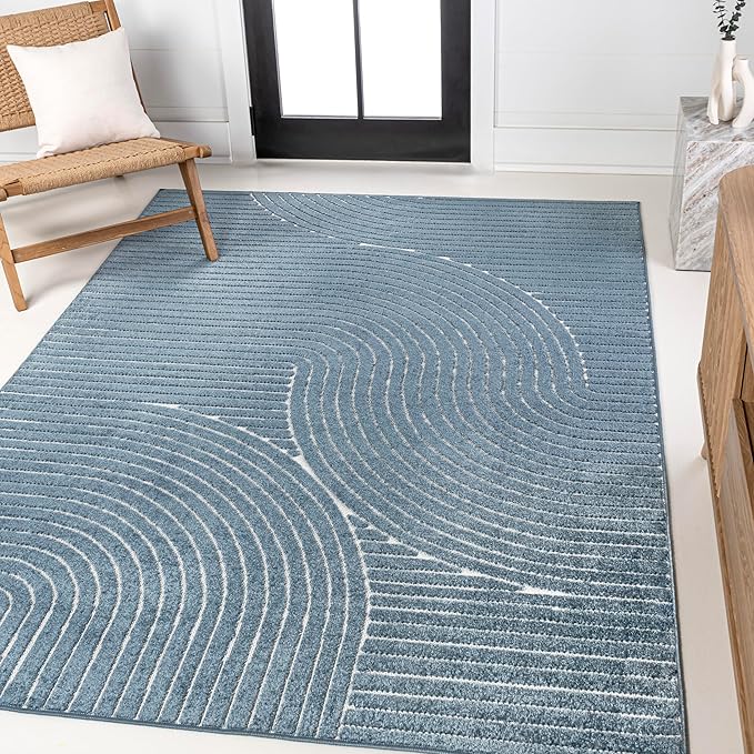 JONATHAN Y Hallie High-Low Curve Dark Blue/Cream 5x8 Indoor/Outdoor Area Rug, Minimalist Geometric, Pet Friendly, for Patio, Backyard, Living Room, Bedroom, Office, Hose-Washable (SCN100C-5)