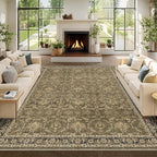 Washable Area Rug 9x12 Brown Rugs for Living Room, Vintage Boho Large Rug for Bedroom Dining Room Office, Distressed Floral Print Carpet for Under Table, Soft Non Slip Low Pile Throw Carpet Indoor Mat