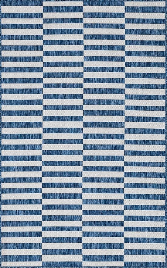 Unique Loom Outdoor Striped Collection Area Rug - Striped (5' 1" x 8' Rectangle, Blue/Ivory)
