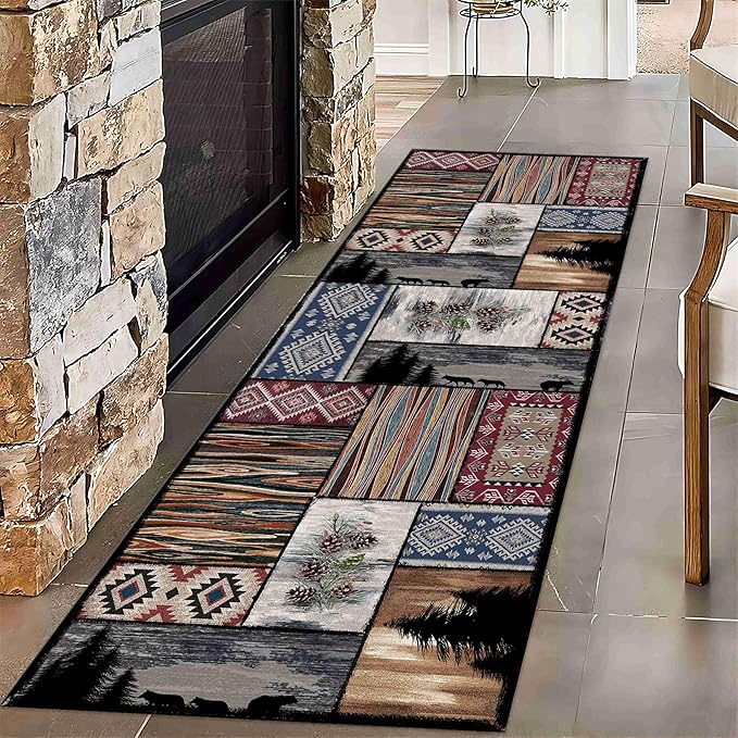 Rustic Country Woodland Rug, 3.3x10ft, Bohemian Forest Woodland Animal Bear Wolf Multicolor Country Rug, Southwestern Native American Hunting Hallway Carpet, Washable Fade Resistant Throw Rug