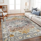 Area Rug 10x14 Washable Taupe Vintage Traditional Mat Distressed Indoor Foldable Thin Rug Retro Accent Floral Non Slip Carpet for Living Room Dining Room Office