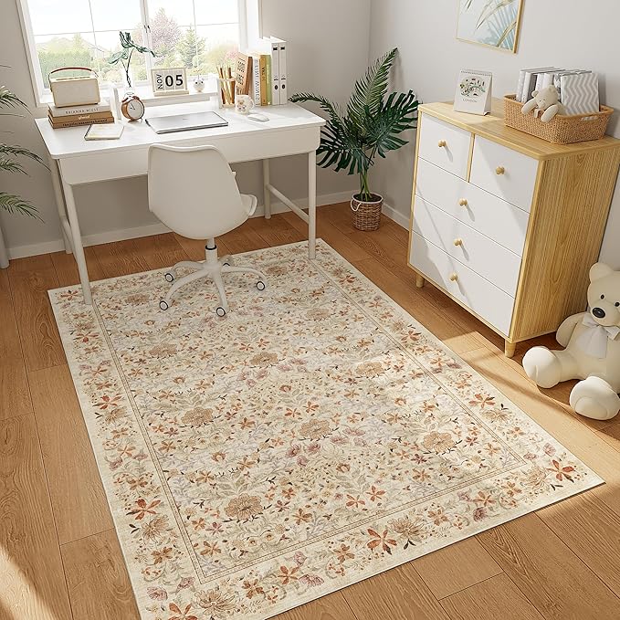 DUKINO 3x5 Area Rug, Vintage Floral Washable Rug for Bedroom with Non Slip Design, Soft Low Pile Indoor Small Carpet for Bedroom, Farmhouse, Living Room, Office, Bathroom, Beige