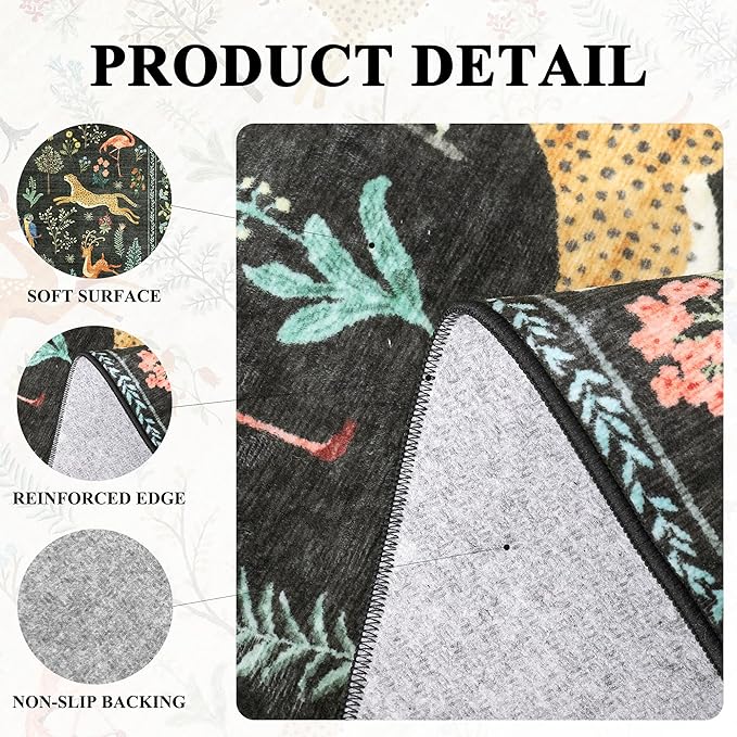DUKINO 4x6 Rug, Washable Animal Area Rug with Non Slip Vintage Design, Indoor Soft Low Pile Carpet for Bedroom, Nursery, Dining Room, Farmhouse, Playroom, Black