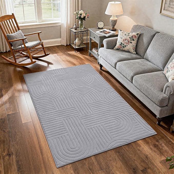 SHACOS Soft Cozy Fluffy Arch Pattern High Low Pile Rugs 4'x6' Non Slip Washable Scandinavian Minimalist Rug Modern Geometric Arc Carpet for Living Room Bedroom Dining Room, Light Grey