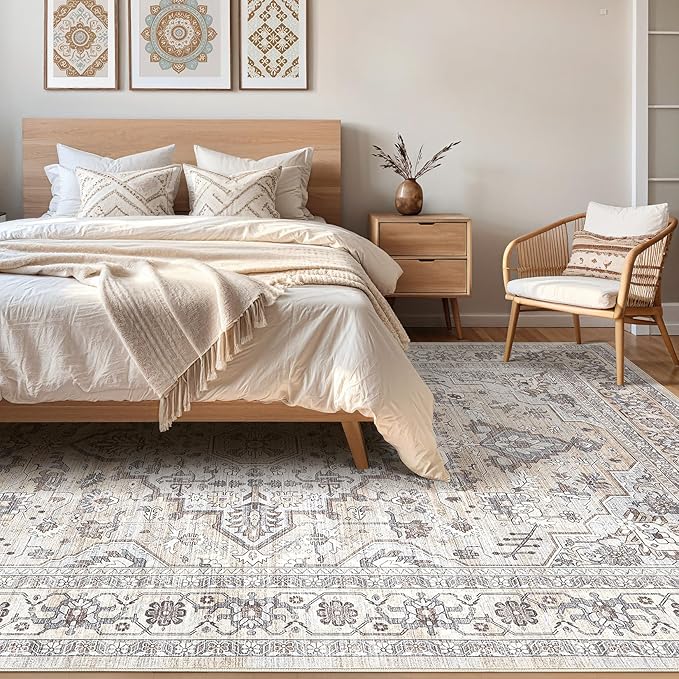 10x13 Area Rugs Living Room: Washable Boho Large Neutral Vintage Soft Rug Stain Resistant Farmhouse Non Slip Indoor Floor Carpet for Bedroom Nursery Kids Playroom Office Dining Room- Cream Grey