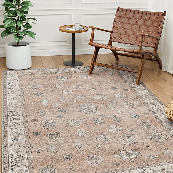 GENIMO 5x7 Area Rugs for Living Room, Machine Washable Non Slip Vintage Retro Rugs, Low Pile Lightweight Chenille Print Rug for Bedroom, Dining Room, Home Office, Salmon