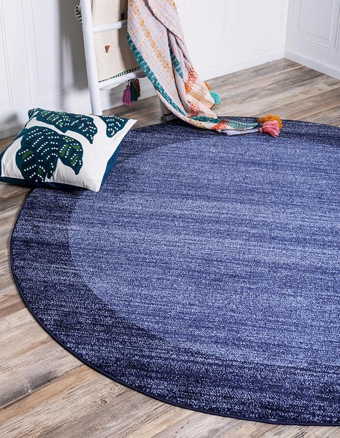 Rugs.com Angelica Collection Rug – 8 Ft Round Navy Blue Medium Rug Perfect for Kitchens, Dining Rooms