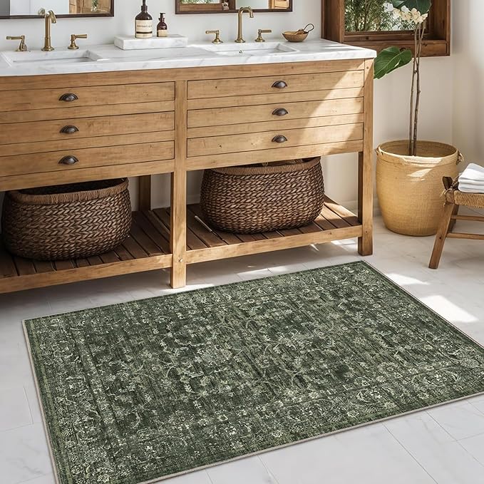 Washable Area Rug 2x3 Green Rugs for Living Room, Vintage Boho Rug for Bedroom Dining Room Office, Distressed Floral Print Carpet for Under Table, Soft Non Slip Low Pile Throw Carpet Indoor Mat