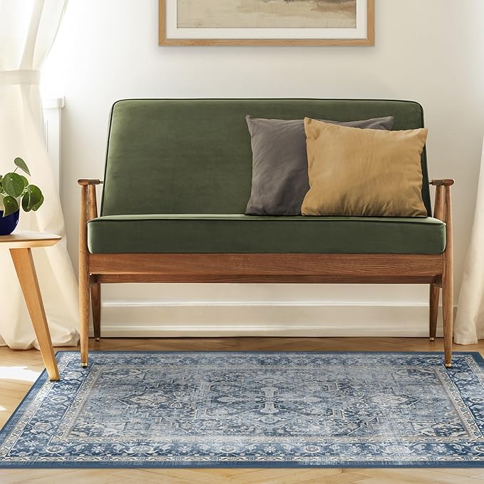RUGGABLE Washable Area Rug – Kamran Admiral Blue 4x6, Stain-Resistant, Non-Slip – Medium Machine Washable Rugs for Living Room, Bedroom, Hallway, Entryway & Office–with Cushioned Pad
