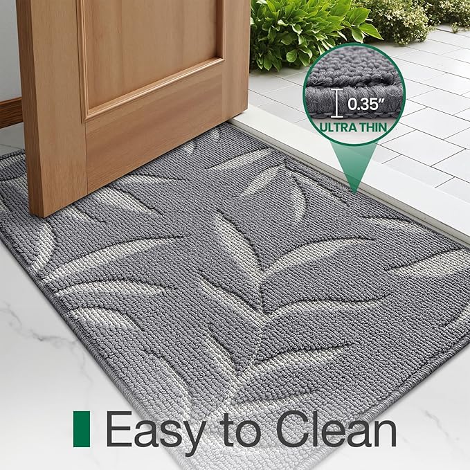 LUMI Indoor Door Mat 36x60, Washable Front Doormat with Welcome Leaf Pattern, Non-Slip Rubber Back Absorbent Mats for Entrance, Patio, Garage, Light Grey