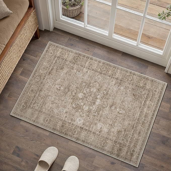 HUGEAR Washable 2x3 Entryway Area Rugs Retro Brown Small Vintage Distressed Non Slip Stain Resistant Low Pile Neutral Throw Carpet for Bedside Kitchen Entryway Home Decor