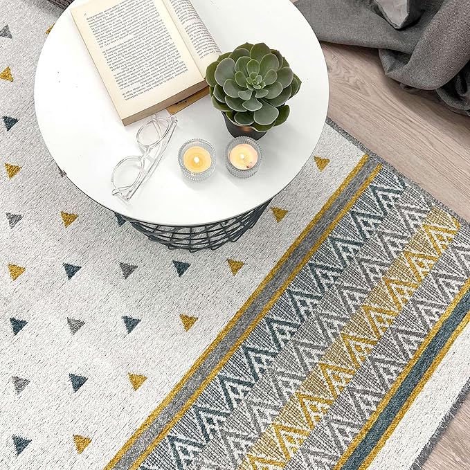 Alfa Rich 5x8 Gold Gray Off White Washable Area Rugs for Living Room Bedroom Kitchen Decor Cotton