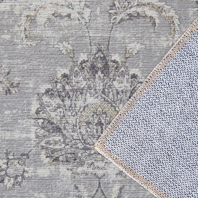 jinchan Fiora Hallway Runner Rug 3x10 Machine Washable Runner Rug Grey Vintage Floral Design Non-Slip Low Pile Ultra-Thin for Kitchen Laundry Room Bedroom Farmhouse (3‘x10', Grey)
