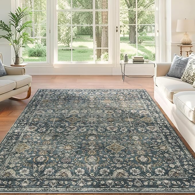 9x12 Area Rug for Living Room, Soft Large Rugs Blue Washable Rugs, Indoor Vintage Carpet for Bedroom Dining Room Office, Rubber Backed Non Slip Low Pile Mat, Deep Blue