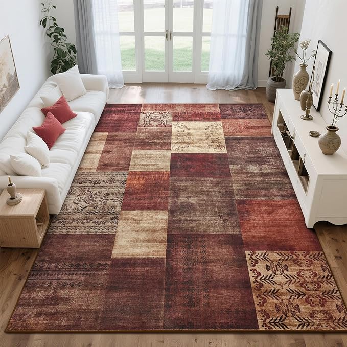 Tepook Modern Area Rug for Living Room, 8x10 Geometric Large Rugs for Bedroom, Washable Patchwork Rug Indoor Non-Slip Throw Carpets for Dining Room Office Farmhouse Home Decor, Red