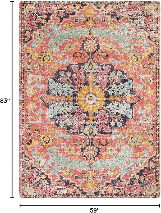 Lahome 5x7 Boho Living Room Rug Colorful Bedroom Rug, Large Bohemian Nursery Rugs, Hot Pink Non-Slip Machine Washable Soft Playroom Mat Indoor Floor Accent Carpet for Dining Table Mud Room