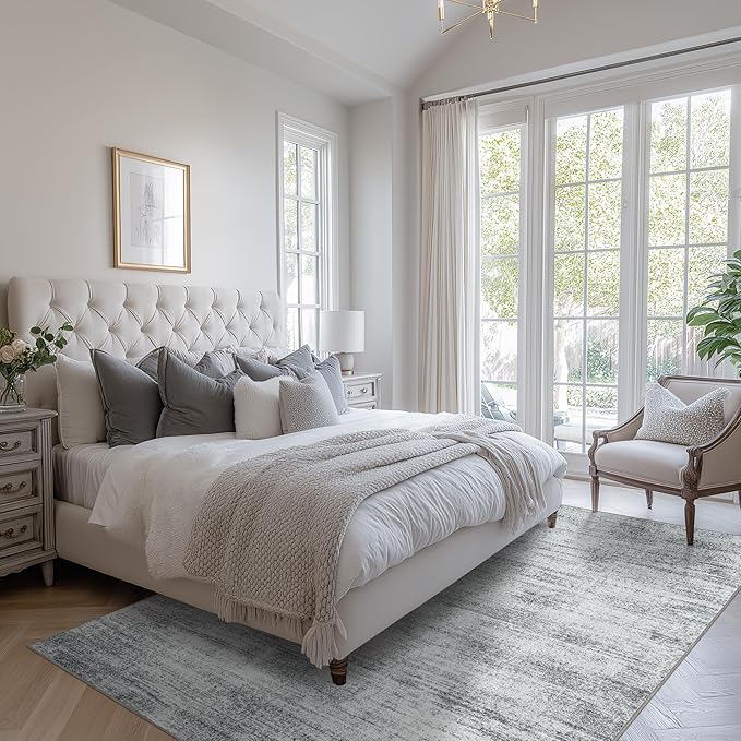 Light Gray Rug 5x7 for Dining Room Table Low Pile Non Slip Washable Area Rugs for Bedroom Aesthetic Abstract Grey Floor Large Carpet for Living Room Dorm