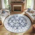 jinchan Fiora Round Rug 8ft Area Rugs Vintage Floral Distressed Design Machine Washable Non-Slip Low-Pile Ultra-Thin Circle Rug for Living Room Dining Room Bedroom Farmhouse (8' Round, Dark Blue)