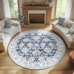 jinchan Fiora Round Rug 7ft Area Rugs Vintage Floral Distressed Design Machine Washable Non-Slip Low-Pile Ultra-Thin Circle Rug for Living Room Dining Room Bedroom Farmhouse (7' Round, Dark Blue)