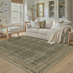 Entryway Area Rug 4x6 Green Brown Vintage Washable Office Carpet Traditional Distressed Indoor Entry Soft Non Slip Small Door Mat Retro Low Pile Thin Rug for Kitchen Laundry Bedroom