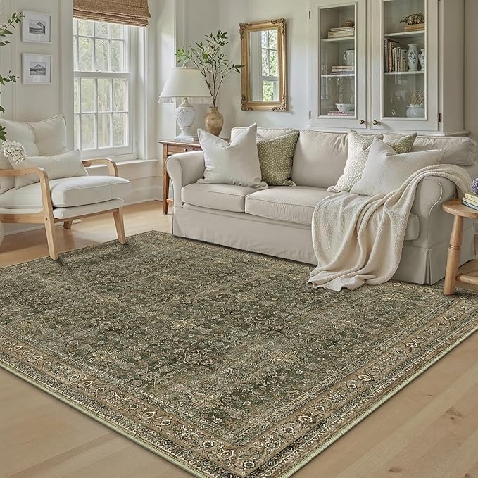 Entryway Area Rug 3x5 Green Brown Vintage Washable Office Carpet Traditional Distressed Indoor Entry Soft Non Slip Small Door Mat Retro Low Pile Thin Rug for Kitchen Laundry Bedroom