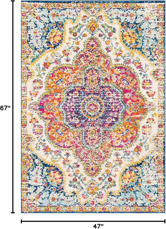 Livabliss Area Rugs - 4x6 Romaine Vintage Boho Fuchsia Mustard Blue Area Rug for Living Room Bedroom - Floral Medallion Stain Resistant Carpet for Kitchen, Nursery, Office (3'11" x 5'7")