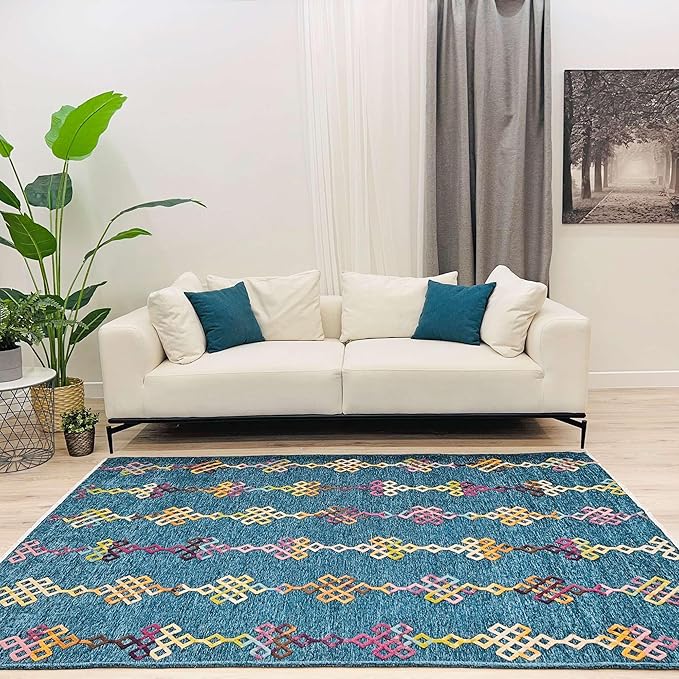 Alfa Rich 3x5 Moroccan Blue Washable Area Rugs for Living Room Bedroom Kitchen Decor Cotton Runner