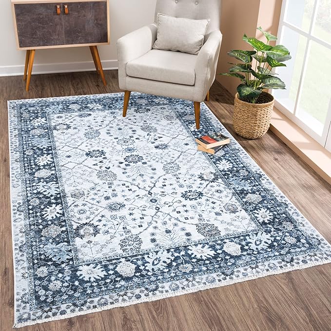 Bloom Rugs Caria Washable Non-Slip 8x10 Rug - Navy Blue Traditional Bordered Area Rug for Living Room, Bedroom, Dining Room, and Kitchen - Exact Size: 7'8" x 10'