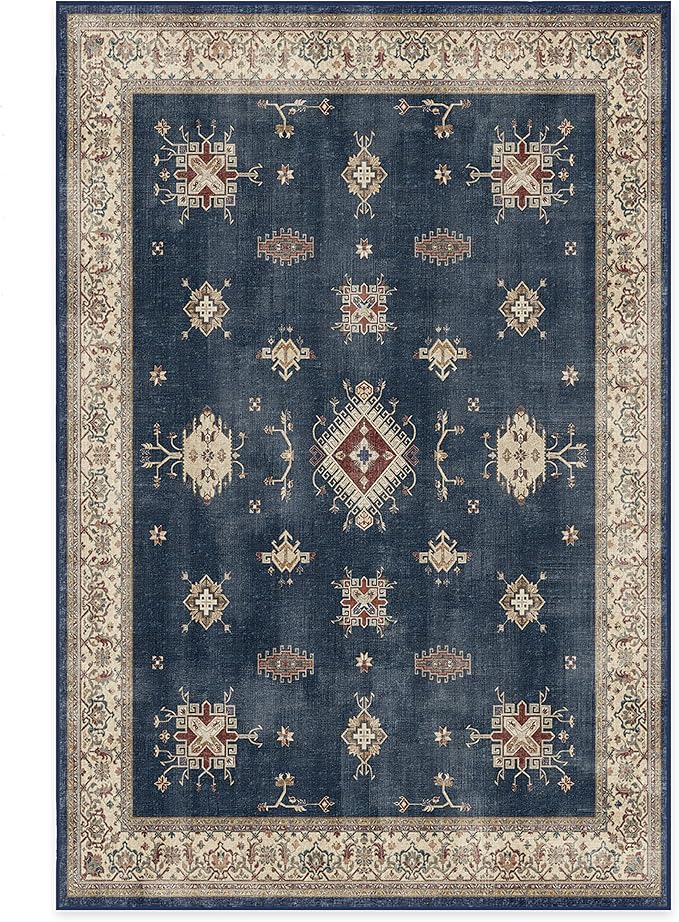RUGGABLE Washable Vintage Area Rug – Verena Sapphire 6x9, Stain-Resistant, Non-Slip – Medium Machine Washable Rugs for Living Room, Bedroom, Hallway, Entryway & Office–with Cushioned Pad