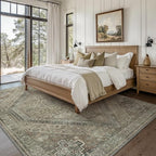 Bavni Washable Rug 3x5 Area Rug for Living Room Bedroom Dining, Washable Vintage Print Carpet, Ultra-Thin Chenille Low Pile Lightweight Rug with Non Slip Backing, Tan
