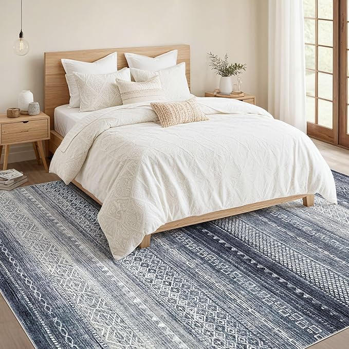 Nakagishi 12x15 Area Rug Living Room: Washable Boho Large Neutral Modern Soft Stain Resistant Farmhouse Indoor Floor Rug Non-Slip Carpet for Bedroom Nursery Kids Playroom Office Dining Room- Blue