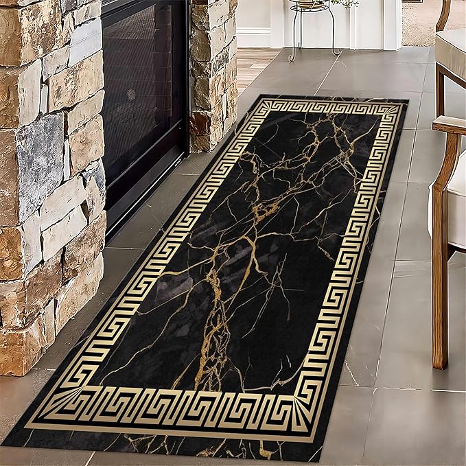 Black Gold Marble Texture Entryway Carpet, 1.3x7ft, Greek Key Geometric Design Bedroom Rug, Abstract Gold Crack Breathable Floor Rugs, No Crease Washable Carpets for Front Door