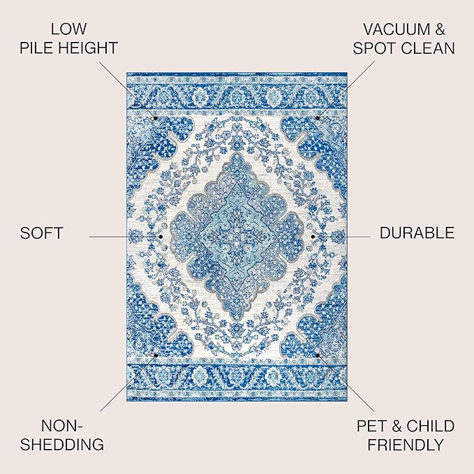 JONATHAN Y Boho Vintage Cream/Blue Indoor Area Rug, 9x12, Bohemian Flair Medallion, Floral Easy-Cleaning High Traffic for Living Room, Bedroom, Kitchen, Pet-Friendly, Non-Shedding (BMF106B-9)