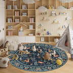 DUKINO 6ft Round Rug for Bedroom, Animal Print Washable Circle Rug with Low Pile Design, Soft Indoor Floor Non Slip Carpet for Entryway, Living Room, Office, Dining Room, Navy Blue