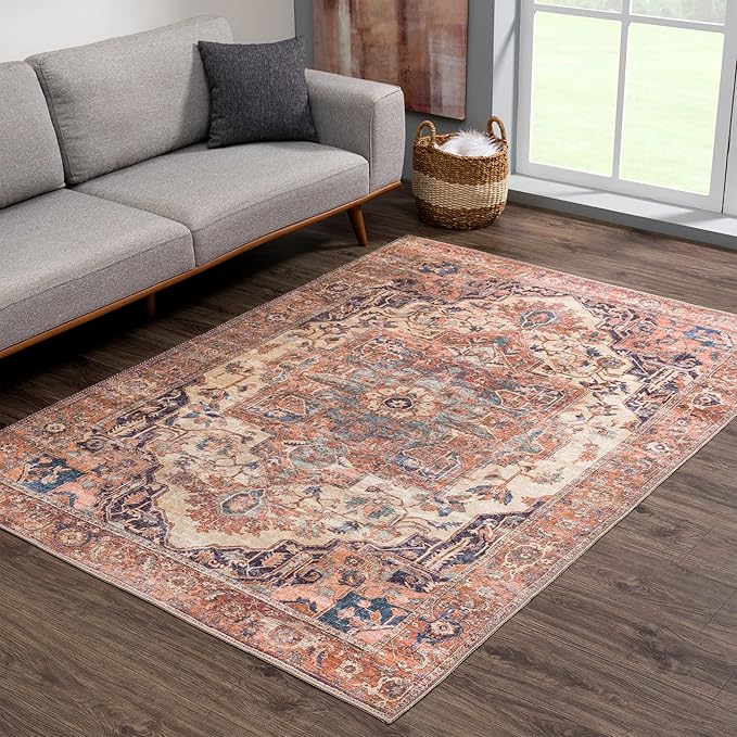 Bloom Rugs Washable Non-Slip 2' x 3' Rug - Beige/Terracotta Traditional Oriental Area Rug for Living Room, Bedroom, Dining Room, and Kitchen - Exact Size: 2' x 3'