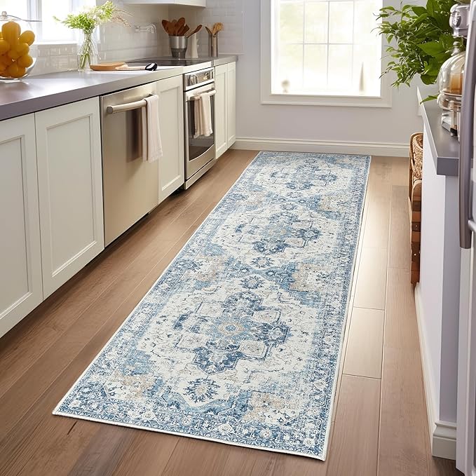 jinchan Kelda Runner Rug 3x10 Vintage Hallway Rug Washable Runner Retro Floor Cover Lightweight Non-Slip Low Pile Thin Distressed Carpet for Entryway Bathroom Laundry Room Bedroom Stairway Blue
