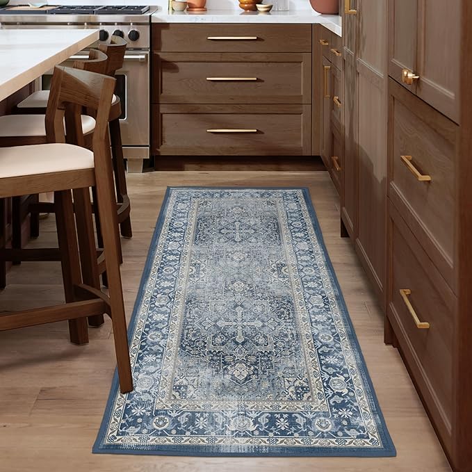 RUGGABLE Washable Vintage Area Rug – Kamran Admiral Blue 8 ft Round, Stain-Resistant, Non-Slip – Large Machine Washable Rugs for Living Room, Bedroom, Hallway, Entryway & Office–with Standard Pad