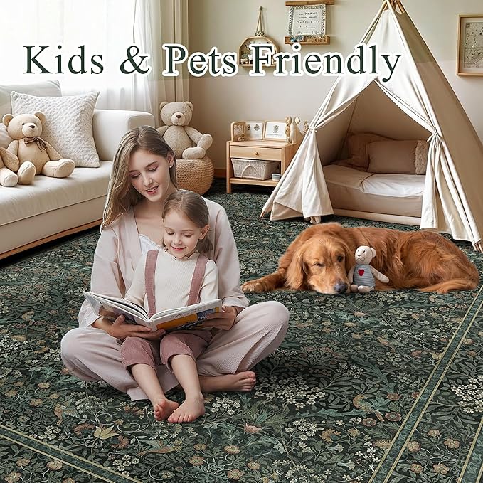 2x3 Floral Washable Area Rug for Living Room, Vintage Boho Rug for Bedroom Dining Room， Distressed Botanical Birds Non Slip Low Pile Forest Animal Throw Carpet for Farmhouse Office, Dark Green