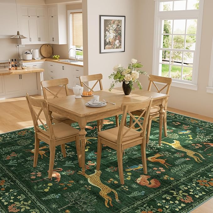 DUKINO 9x12 Rug, Washable Animal Living Room Rug with Non Slip Vintage Design, Soft Low Pile Large Carpet for Bedroom, Nursery, Dining Room, Farmhouse, Playroom, Green