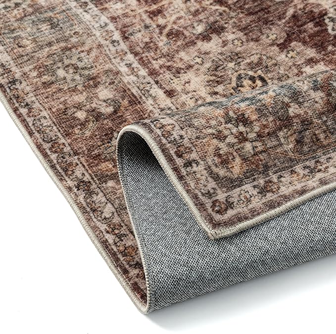 2x6 Washable Runner Rug for Kitchen Hallway Rust Vintage Non-Slip Low Pile Distressed Rustic Carpet Lightweight Vacuumable Soft Throw Rug for Indoor Entryway Bedroom