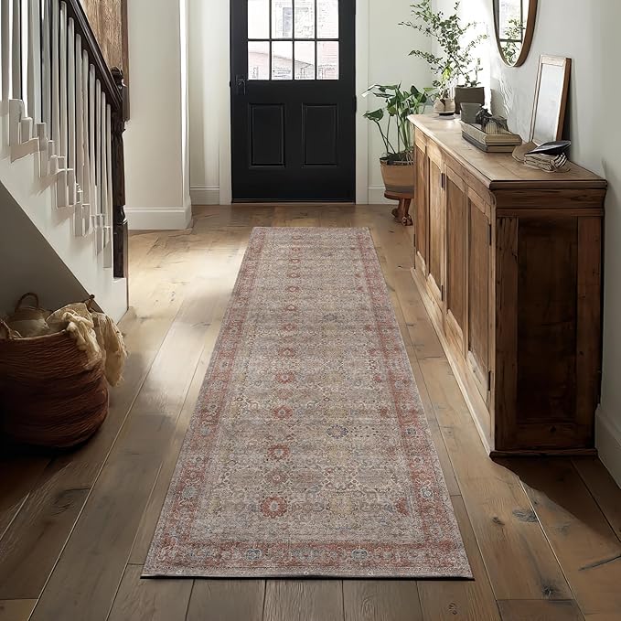 Kuden 2'6"x10 Runner Rug, Machine Washable Area Rug with Non-Slip Backing, Vintage Style, Soft, Easy Clean, Low Pile Rug for Hallway, Entryway, Kitchen, Bedroom