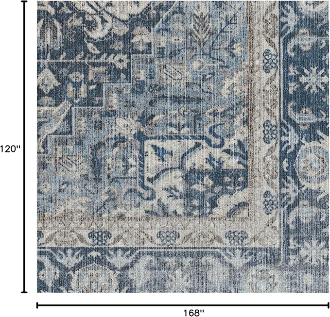 RUGGABLE Washable Area Rug – Kamran Admiral Blue 10x14, Stain-Resistant, Non-Slip – Large Machine Washable Rugs for Living Room, Bedroom, Hallway, Entryway & Office–with Cushioned Pad