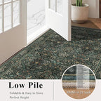 2x3 Floral Washable Area Rug for Living Room, Vintage Boho Rug for Bedroom Dining Room， Distressed Botanical Birds Non Slip Low Pile Forest Animal Throw Carpet for Farmhouse Office, Dark Green